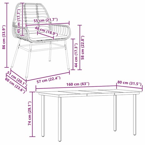 5-delige Tuinset met kussens poly rattan glas bruin