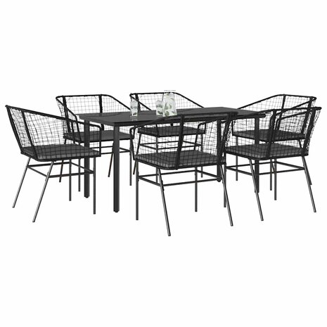 7-delige Tuinset met kussens poly rattan glas zwart