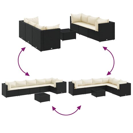 7-delige Loungeset met kussens poly rattan zwart