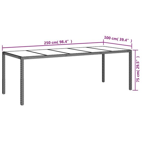 Tuintafel 250x100x75 cm poly rattan en gehard glas wit