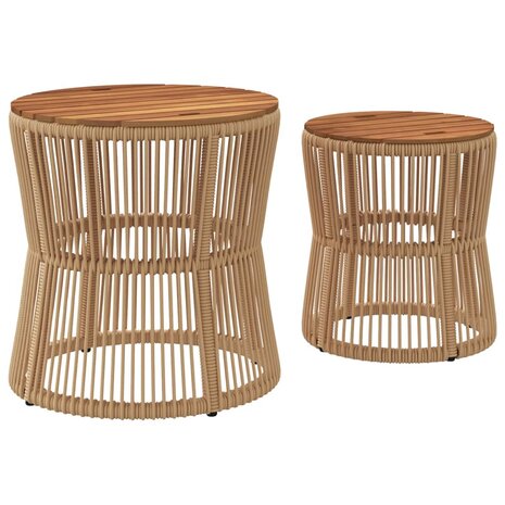 Tuinbijzettafels 2 st met houten blad poly rattan beige