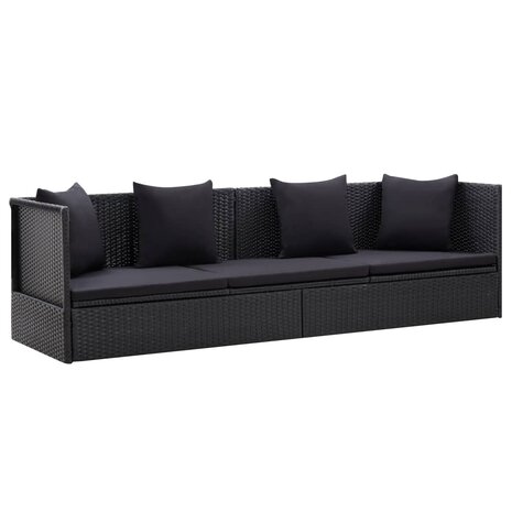 Tuinbed met kussens poly rattan zwart