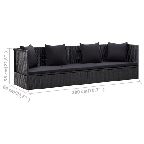 Tuinbed met kussens poly rattan zwart