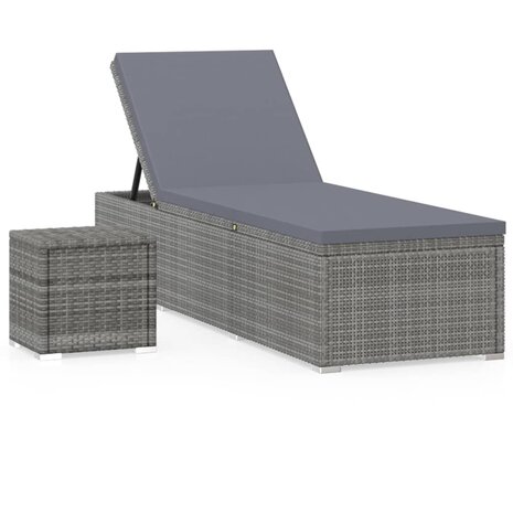 Ligbed met kussen en theetafel poly rattan grijs