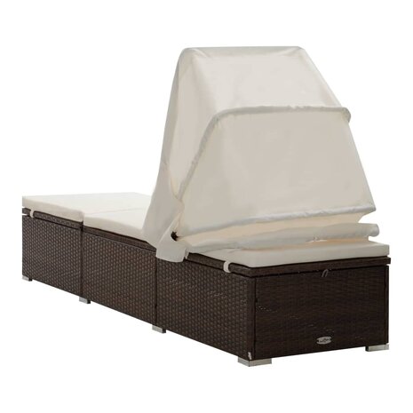 Ligbed met luifel en kussen poly rattan bruin
