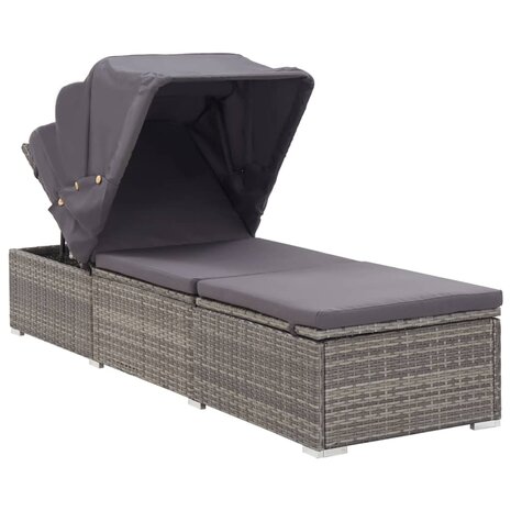 Ligbed met luifel en kussen poly rattan grijs