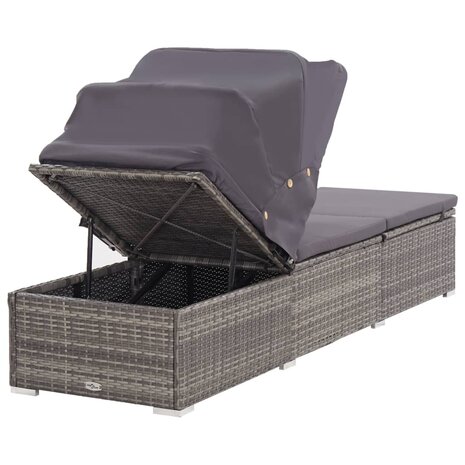 Ligbed met luifel en kussen poly rattan grijs