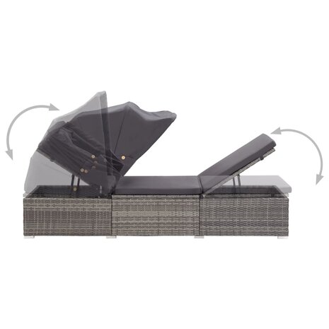 Ligbed met luifel en kussen poly rattan grijs