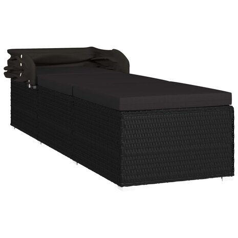 Ligbed met luifel en kussen poly rattan zwart