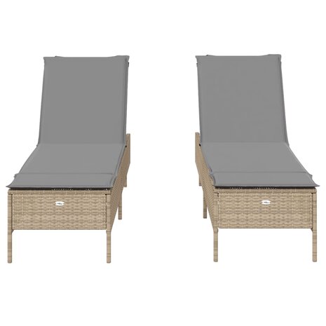 Ligstoelen 2 st met kussens poly rattan beige