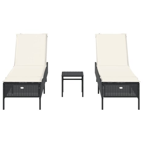3-delige Ligbeddenset met kussens poly rattan zwart