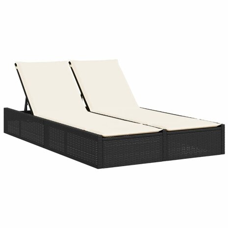 Ligbed 2-persoons met kussens poly rattan zwart