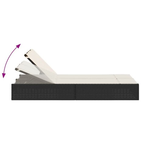 Ligbed 2-persoons met kussens poly rattan zwart