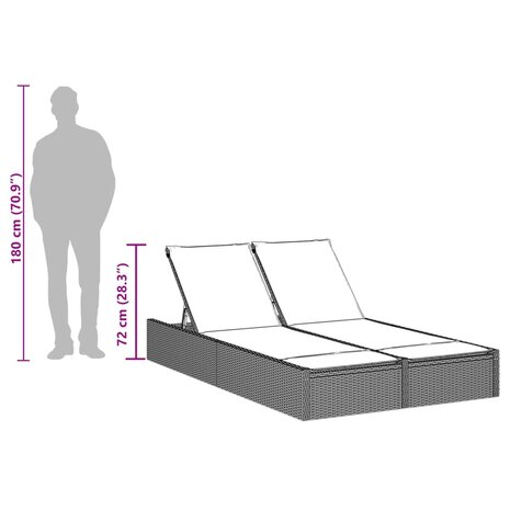 Ligbed 2-persoons met kussens poly rattan zwart