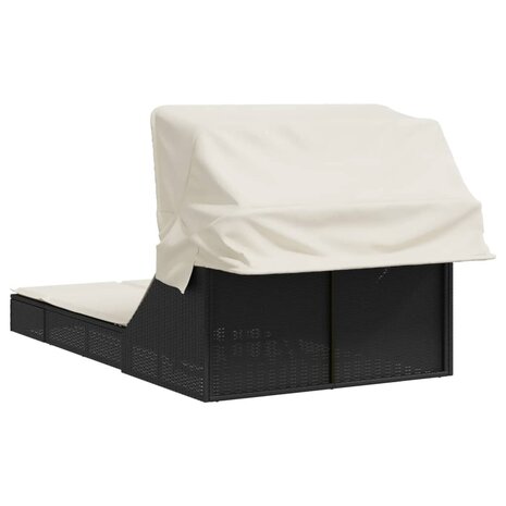 Ligbed 2-persoons met luifel en kussens poly rattan zwart