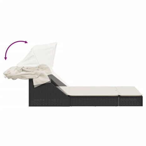Ligbed 2-persoons met luifel en kussens poly rattan zwart