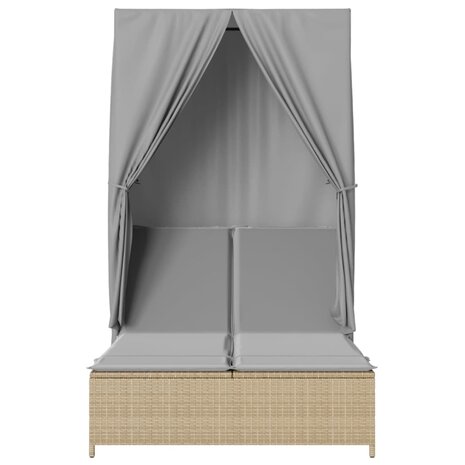 Ligbed tweepersoons met dak en gordijn poly rattan beige