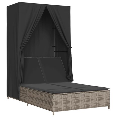 Ligbed tweepersoons met dak en gordijn poly rattan grijs