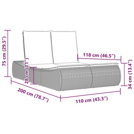 Ligbed 2-persoons met kussens poly rattan beige