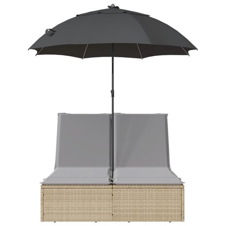 Ligbed 2-persoons met kussens en parasol poly rattan beige