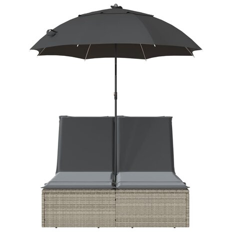 Ligbed 2-persoons met kussens en parasol poly rattan lichtgrijs