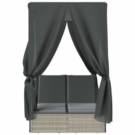 Ligbed tweepersoons met dak en gordijn poly rattan lichtgrijs