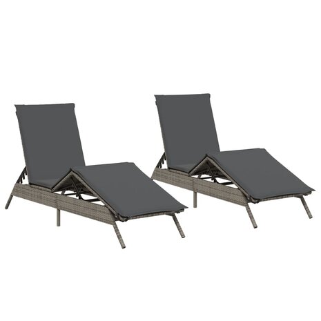 Ligstoelen 2 st met kussens poly rattan grijs