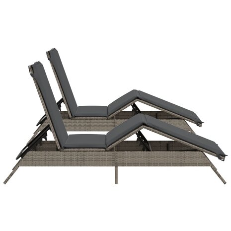 Ligstoelen 2 st met kussens poly rattan grijs