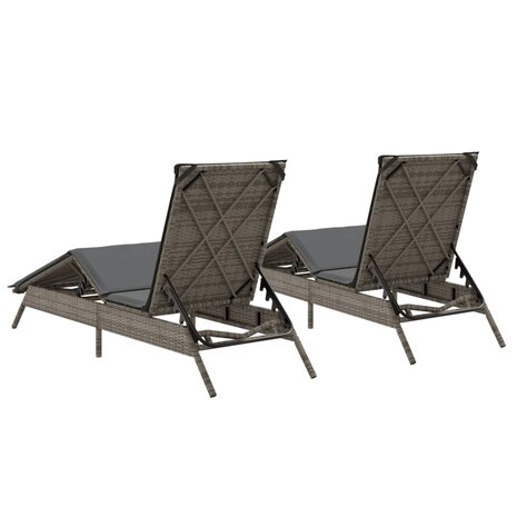 Ligstoelen 2 st met kussens poly rattan grijs