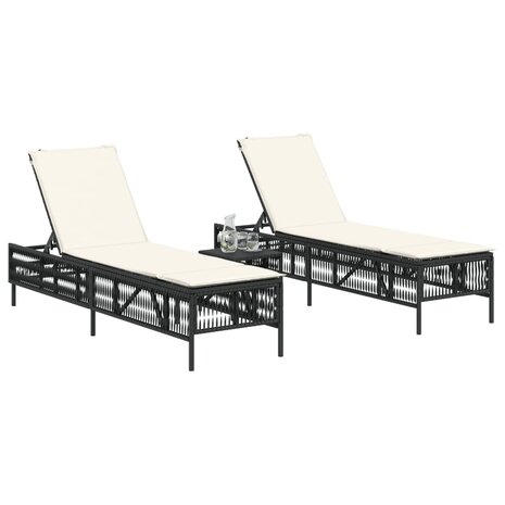 Ligstoelen 2 st met kussens poly rattan zwart