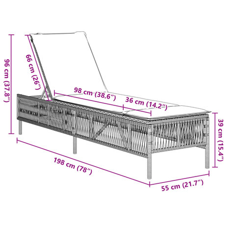 Ligbed met kussen poly rattan bruin