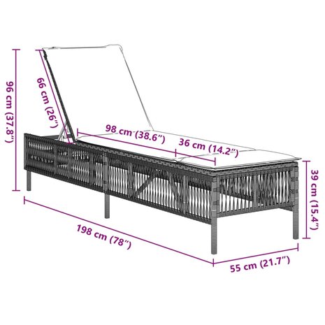 Ligbed met kussen poly rattan lichtgrijs
