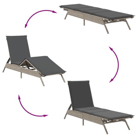 Ligstoelen 2 st met kussen poly rattan lichtgrijs