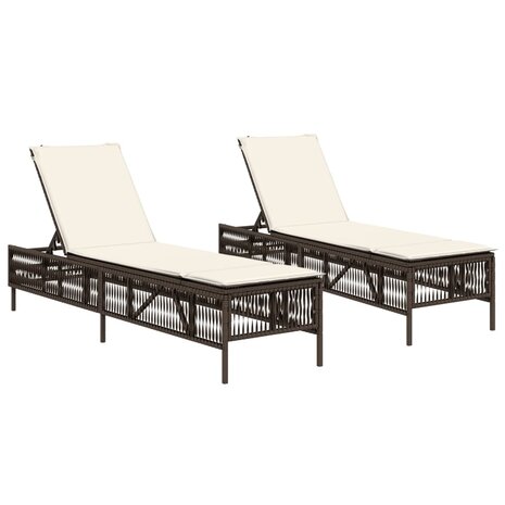 Ligstoelen 2 st met kussens poly rattan bruin