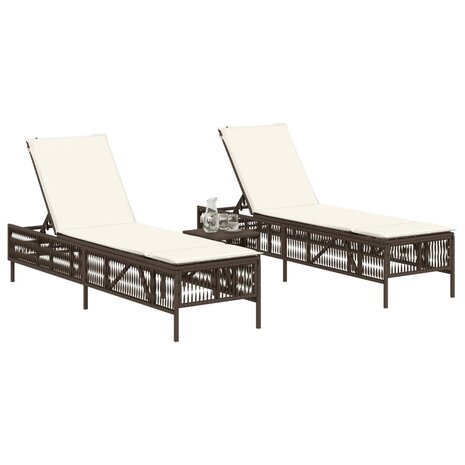 Ligstoelen 2 st met kussens poly rattan bruin