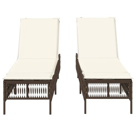 Ligstoelen 2 st met kussens poly rattan bruin
