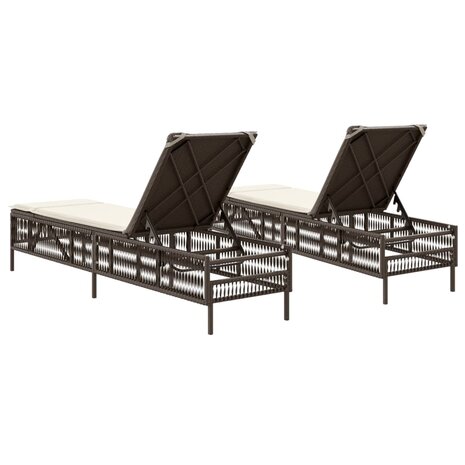Ligstoelen 2 st met kussens poly rattan bruin