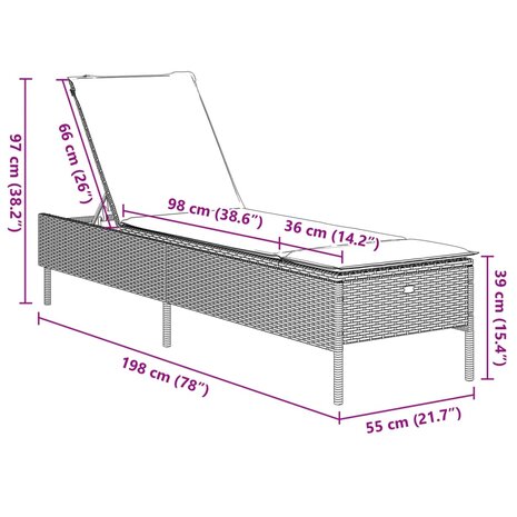 Ligbed met kussen poly rattan grijs