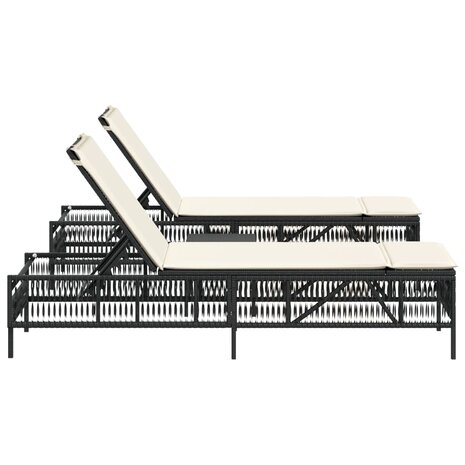 Ligbedden 2 st met tafel poly rattan zwart