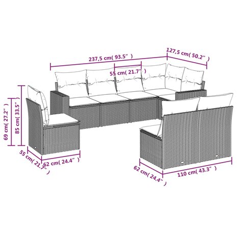 8-delige Loungeset met kussens poly rattan zwart