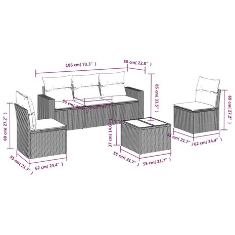 6-delige Loungeset met kussens poly rattan zwart
