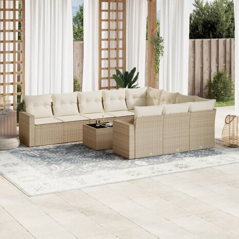 11-delige Tuinset met kussens poly rattan beige
