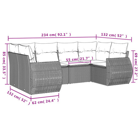 6-delige Loungeset met kussens poly rattan zwart