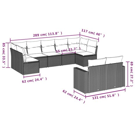 9-delige Loungeset met kussens poly rattan grijs