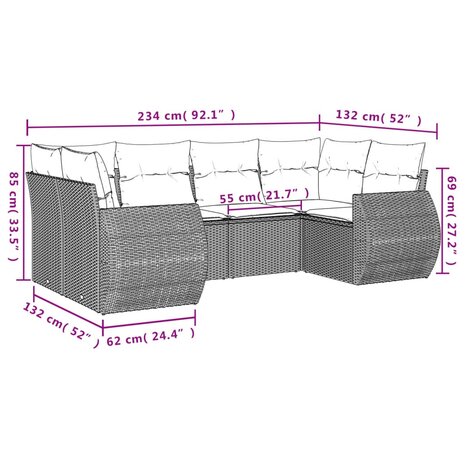 6-delige Loungeset met kussens poly rattan zwart