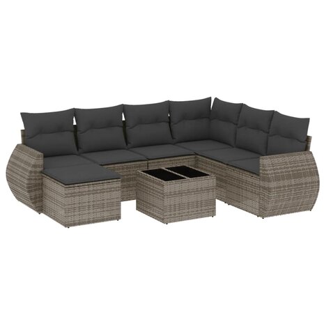 8-delige Loungeset met kussens poly rattan grijs