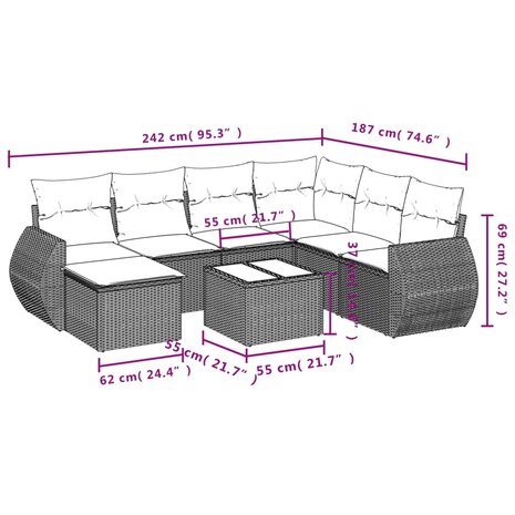 8-delige Loungeset met kussens poly rattan grijs
