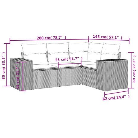 4-delige Loungeset met kussens poly rattan beige