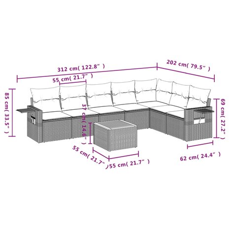 8-delige Loungeset met kussens poly rattan zwart