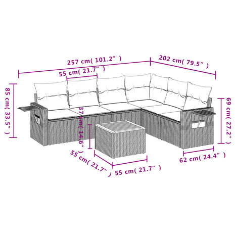 7-delige Loungeset met kussens poly rattan zwart